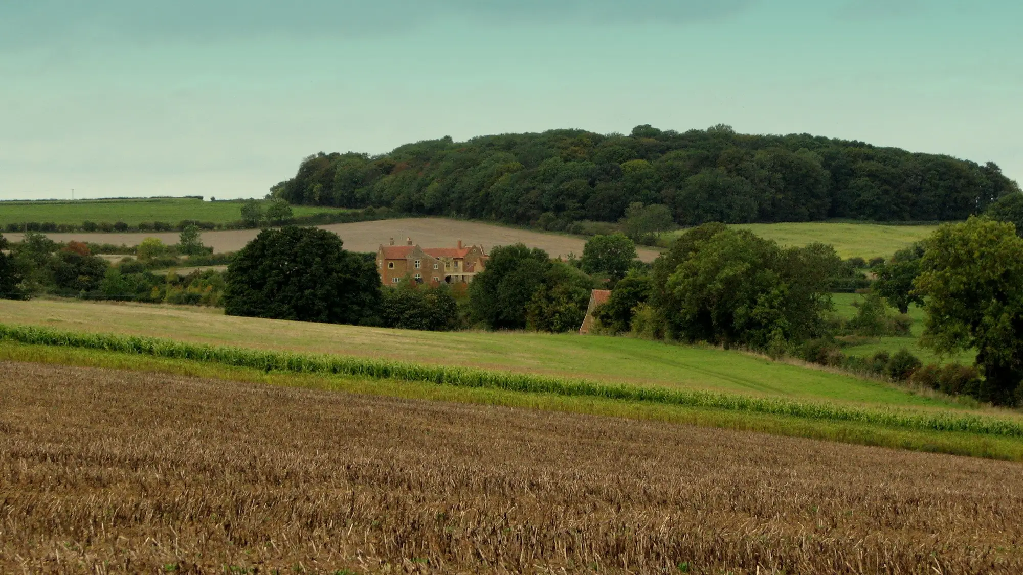 A brick farmhouse among trees below a wooded hill, with stubble, pasture and hedged field boundaries in front